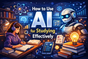 AI-powered studying tools with digital brain, chatbot tutor, and exam analytics dashboard
