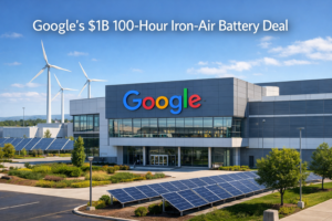 Google data center in Minnesota with Google logo, surrounded by solar panels and wind turbines, representing renewable energy, daytime scene