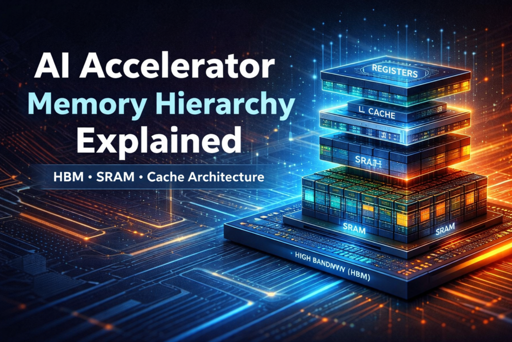 AI accelerator memory hierarchy diagram showing registers, L1 and L2 cache, SRAM, and High Bandwidth Memory (HBM) layers in modern GPU architecture