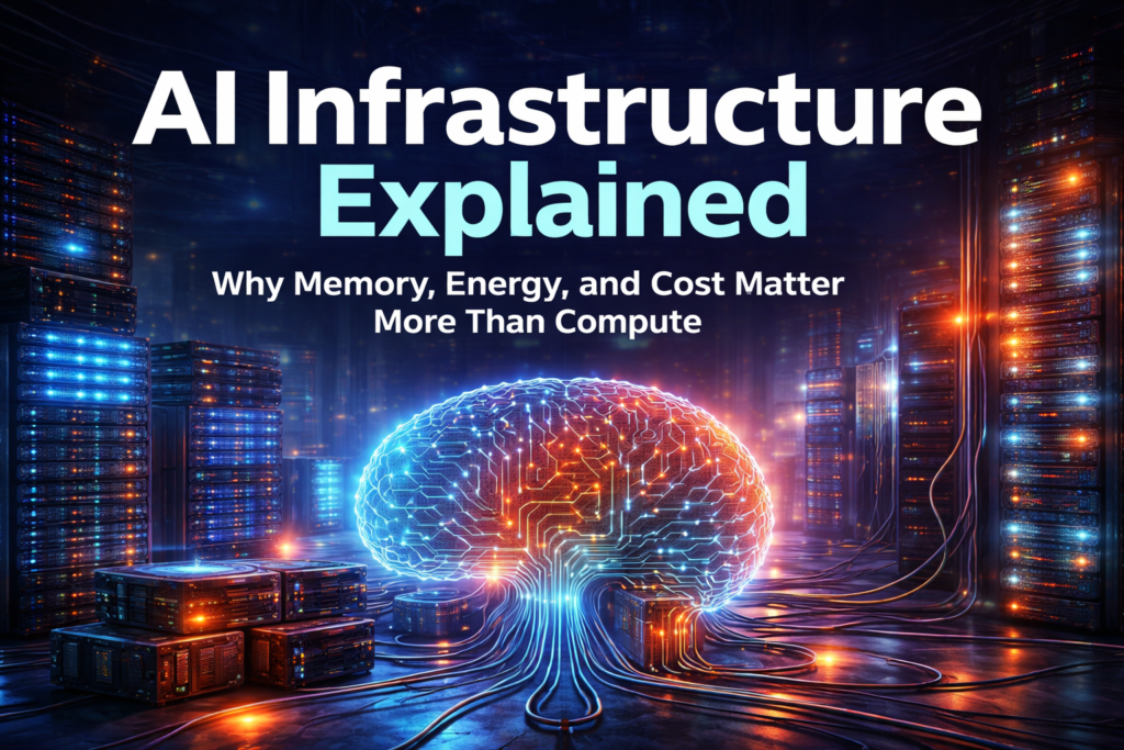 Illustration showing AI infrastructure with memory, energy, and data flow supporting large-scale artificial intelligence systems
