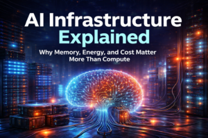 Illustration showing AI infrastructure with memory, energy, and data flow supporting large-scale artificial intelligence systems