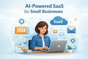 Small business owner using a laptop with AI-powered cloud software icons floating around.