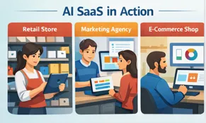Illustration showing small business scenarios using AI SaaS in retail, e-commerce, and service agencies.