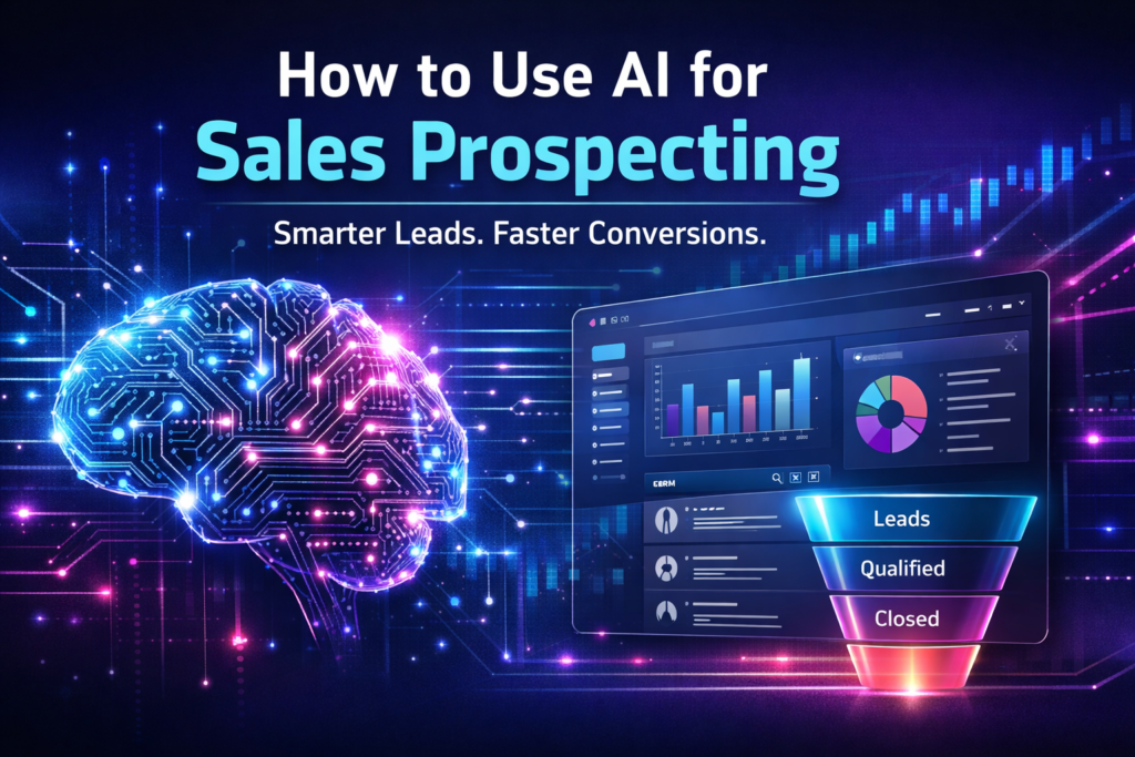 AI-powered sales prospecting dashboard with predictive analytics, CRM automation, and lead scoring visualization