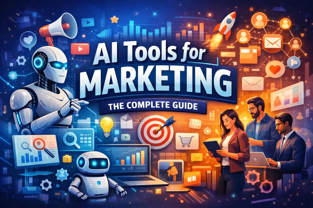 AI tools for marketing illustration showing automation, analytics dashboard, content creation, advertising, and email marketing powered by artificial intelligence