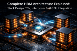 Complete HBM architecture diagram with memory stack design, TSV vertical connections, silicon interposer, and AI accelerator GPU integration.