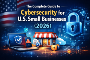 Blog cover showing cybersecurity for U.S. small businesses in 2026 with a laptop, smartphone, small storefront, digital padlocks, and abstract tech graphics