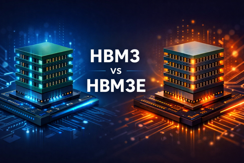 HBM3 vs HBM3E architecture comparison showing stacked memory dies integrated with AI GPU on silicon interposer