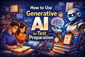 Students using generative AI tools with a futuristic AI robot assisting in test preparation through smart study techniques and digital learning.