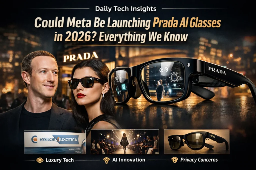 Concept image of rumored Meta Prada AI glasses 2026 featuring luxury smart eyewear design with futuristic AI interface and fashion-tech theme