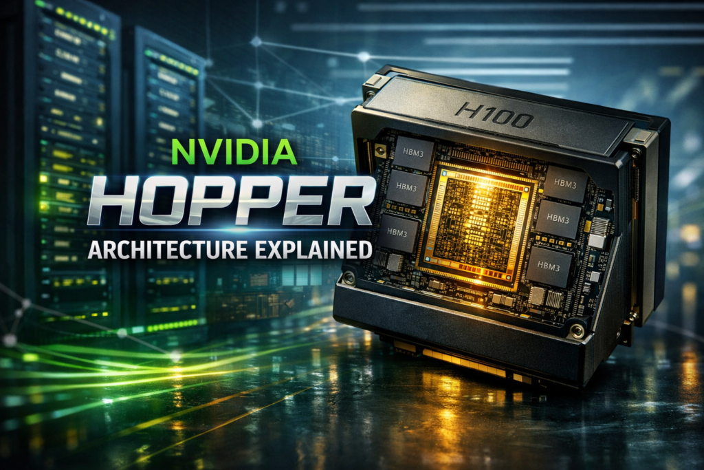 NVIDIA Hopper H100 GPU architecture showing FP8 tensor cores and HBM3 memory for AI acceleration