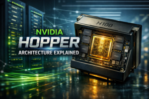 NVIDIA Hopper H100 GPU architecture showing FP8 tensor cores and HBM3 memory for AI acceleration
