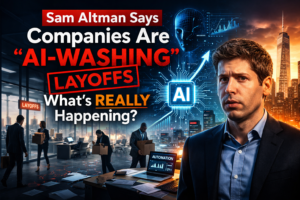 Sam Altman speaking about AI-washing layoffs with corporate job cuts and AI automation visuals in background