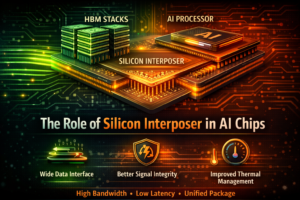 Silicon interposer connecting HBM memory stacks to an AI processor showing high bandwidth data paths