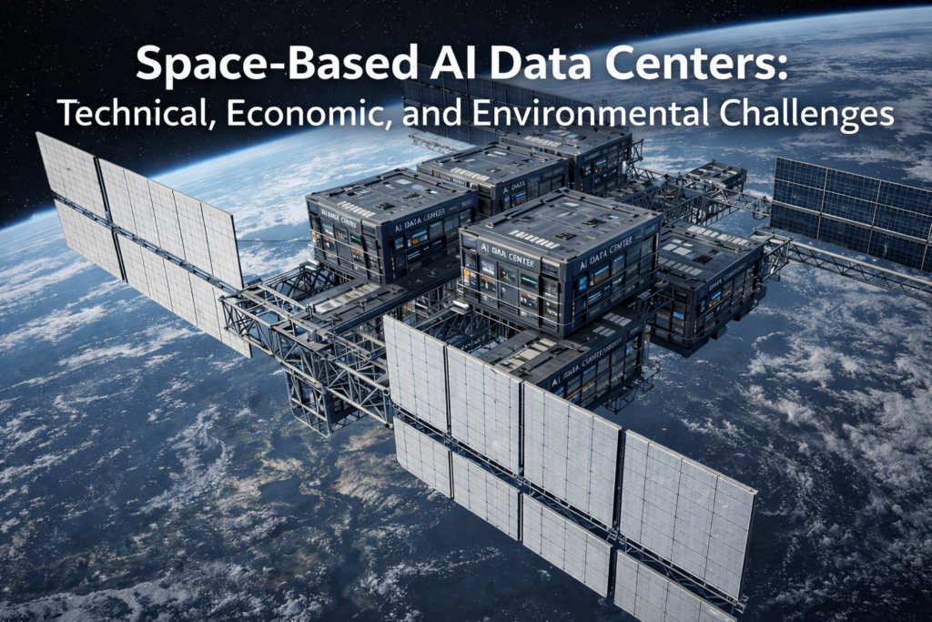 Photorealistic orbital AI data center structure with modular compute pods, large thermal radiator panels, and solar arrays in low Earth orbit above the planet.