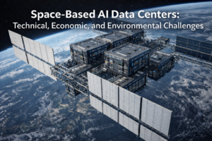 Photorealistic orbital AI data center structure with modular compute pods, large thermal radiator panels, and solar arrays in low Earth orbit above the planet.