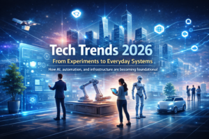 Illustration showing Tech Trends 2026, with AI systems, automation, robotics, and digital infrastructure shaping business, work, and everyday life.