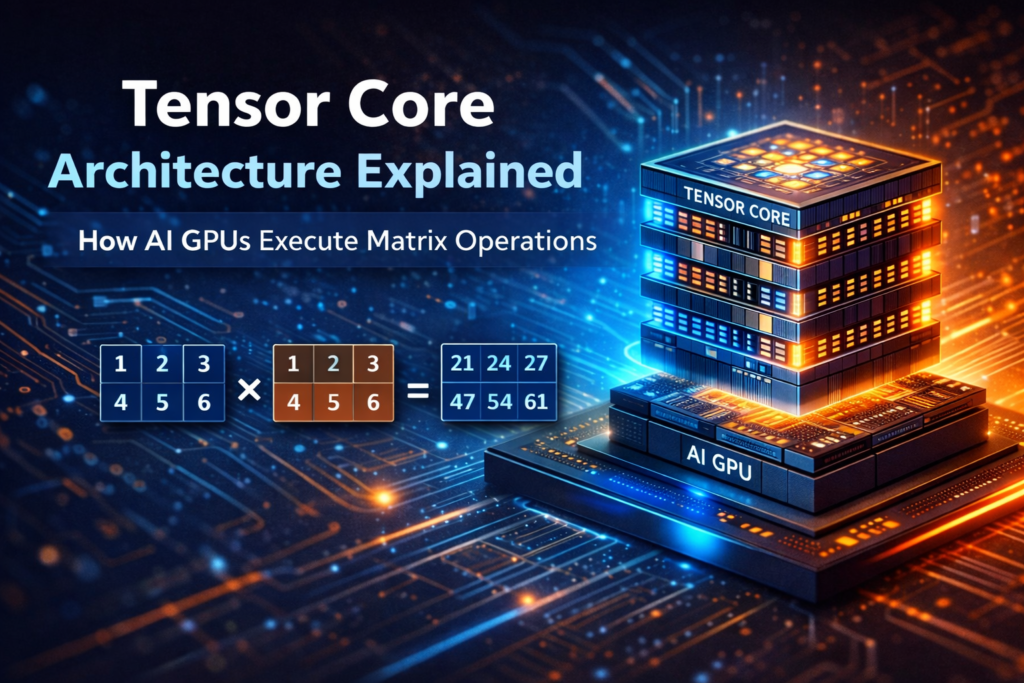 Tensor Core architecture integrated with AI GPU showing matrix multiplication acceleration and high-performance AI computation workflow.