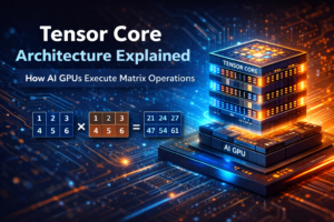 Tensor Core architecture integrated with AI GPU showing matrix multiplication acceleration and high-performance AI computation workflow.