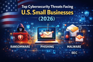 Digital illustration showing top cybersecurity threats facing U.S. small businesses in 2026, including ransomware, phishing, malware, and business email compromise (BEC) with icons and a small business office background