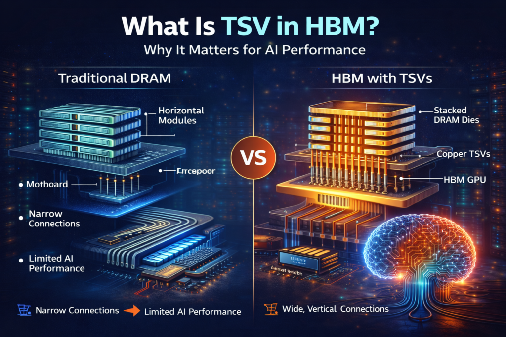 Through-Silicon Via (TSV) structure in High Bandwidth Memory showing vertical stacked dies connected for AI performance
