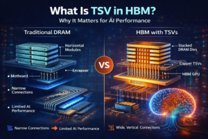 Through-Silicon Via (TSV) structure in High Bandwidth Memory showing vertical stacked dies connected for AI performance