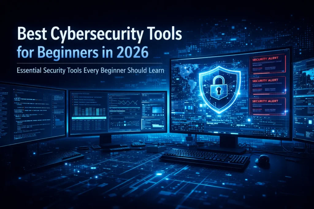 Best cybersecurity tools for beginners in 2026 workspace with security dashboards and threat detection monitors