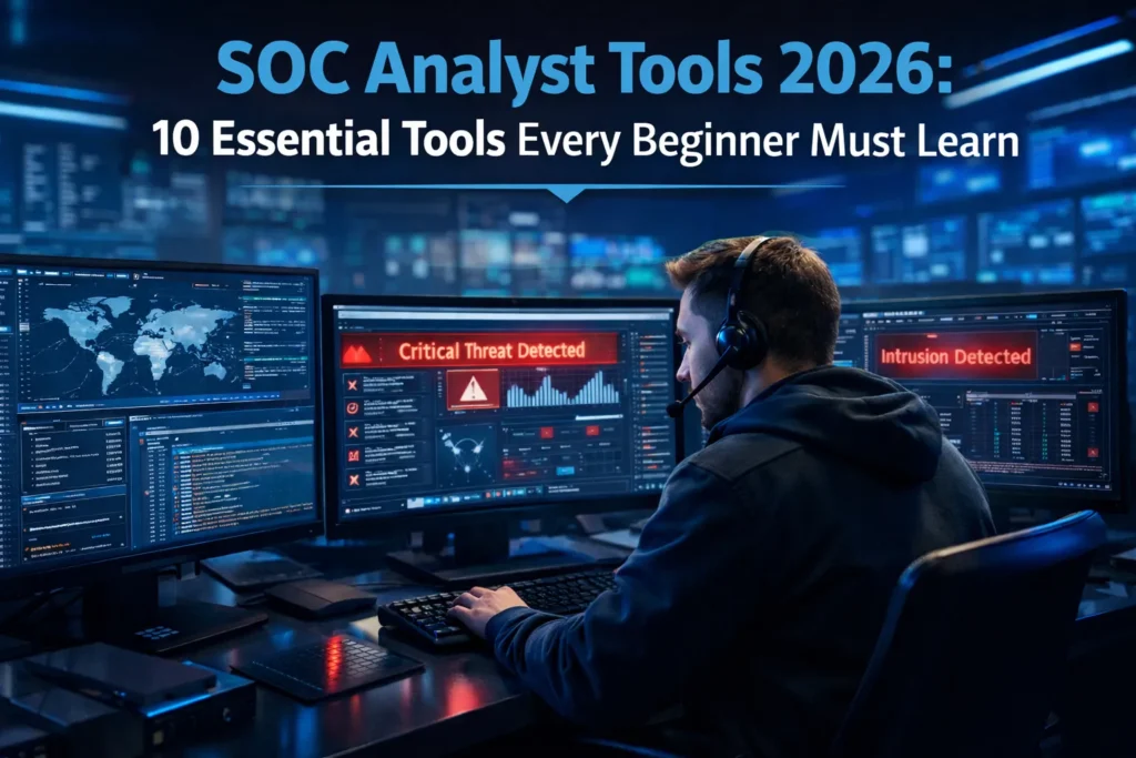 soc analyst tools 2026 dashboard showing cybersecurity monitoring tools in a security operations center