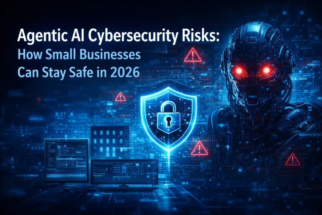 Futuristic illustration showing a robotic AI with glowing red eyes and a digital shield protecting a small business network, representing agentic AI cybersecurity risks in 2026.
