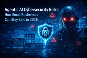 Futuristic illustration showing a robotic AI with glowing red eyes and a digital shield protecting a small business network, representing agentic AI cybersecurity risks in 2026.