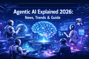 Illustration showing agentic AI agents collaborating with digital interfaces and neural networks in a futuristic 2026 technology environment.