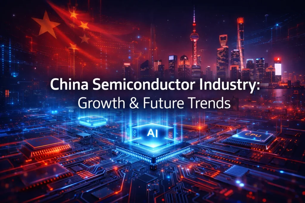 China semiconductor industry growth showing futuristic microchips, AI technology, and digital innovation with global tech influence