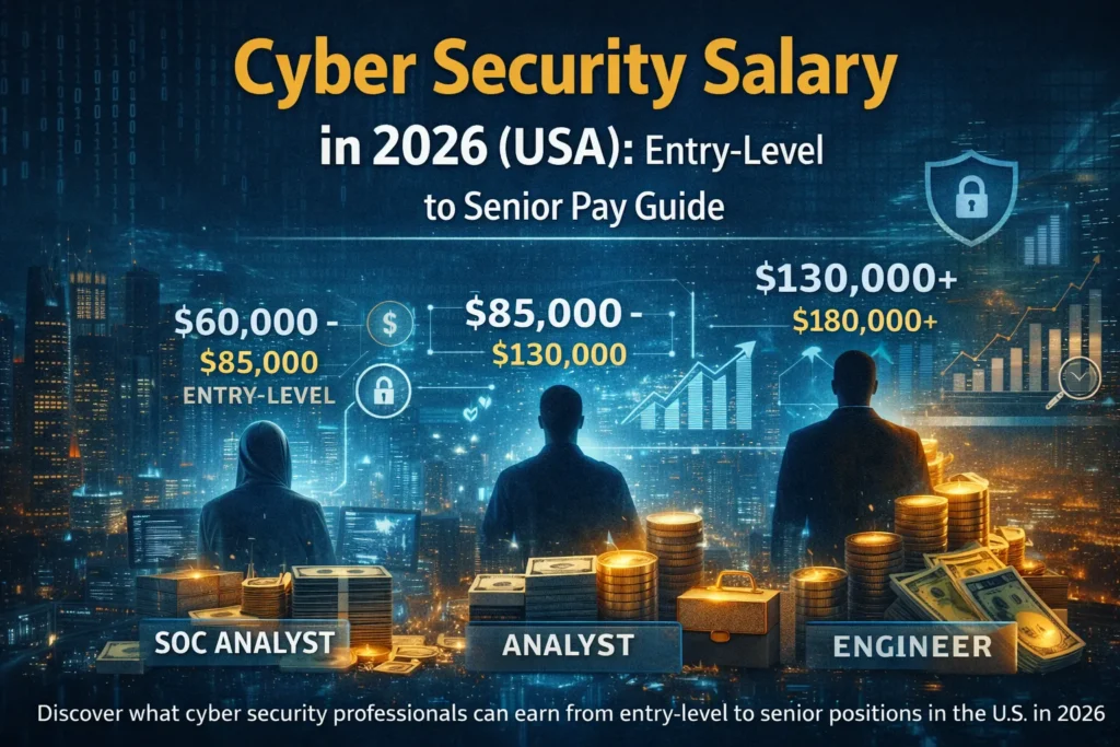 Blog cover image showing cyber security career levels from entry-level SOC analyst to senior engineer with salary ranges, digital city background, cybersecurity icons, and stacks of money