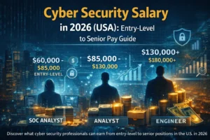 Blog cover image showing cyber security career levels from entry-level SOC analyst to senior engineer with salary ranges, digital city background, cybersecurity icons, and stacks of money