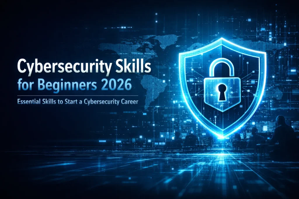 Cybersecurity skills for beginners 2026 digital shield protecting global network illustration