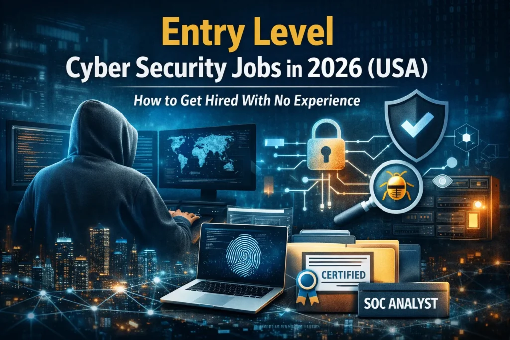 Entry Level Cyber Security Jobs in 2026 (USA): How to Get Hired With No Experience – blog cover with cybersecurity icons, laptop, SOC analyst and network security visuals.