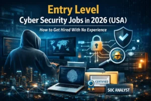 Entry Level Cyber Security Jobs in 2026 (USA): How to Get Hired With No Experience – blog cover with cybersecurity icons, laptop, SOC analyst and network security visuals.