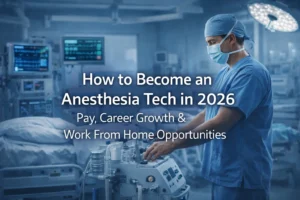 Anesthesia technician preparing equipment in a modern operating room with monitors and surgical tools, illustrating how to become an anesthesia tech in 2026