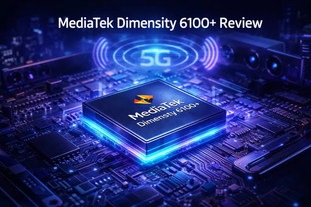 MediaTek Dimensity 6100+ chipset review showing specs, AnTuTu score, and performance overview with 5G processor concept design