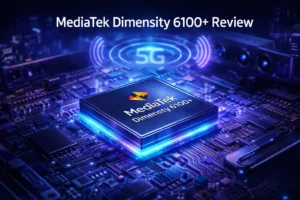 MediaTek Dimensity 6100+ chipset review showing specs, AnTuTu score, and performance overview with 5G processor concept design