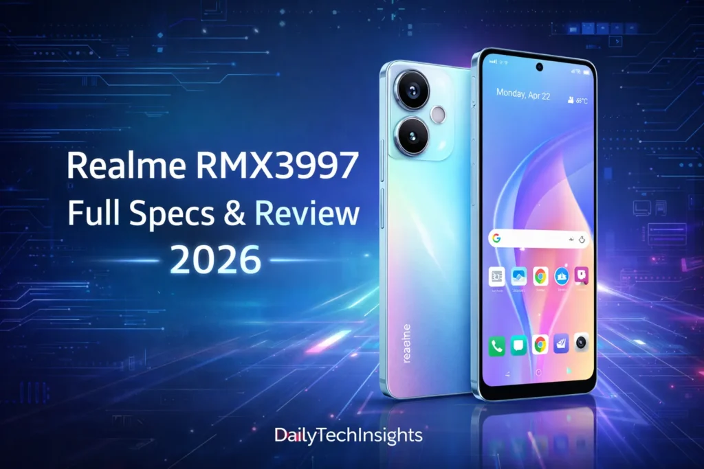 Realme RMX3997 smartphone showing design, display, and features with full specifications and review 2026