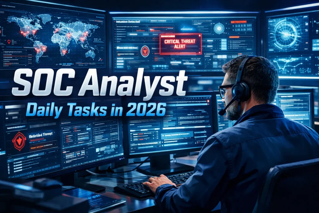 SOC analyst monitoring cybersecurity alerts and threats in a modern security operations center in 2026
