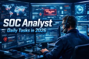 SOC analyst monitoring cybersecurity alerts and threats in a modern security operations center in 2026