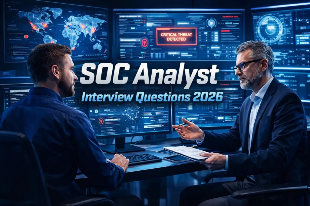 SOC analyst interview preparation with cybersecurity dashboards and security monitoring screens