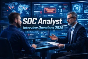 SOC analyst interview preparation with cybersecurity dashboards and security monitoring screens