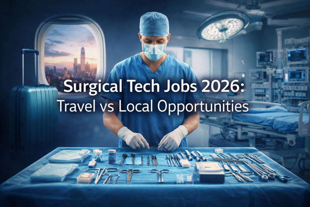 Surgical technologist preparing instruments in operating room with travel vs local career concept and title Surgical Tech Jobs 2026