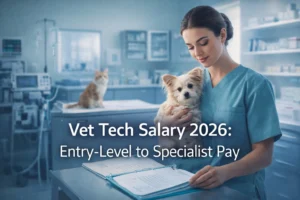 Veterinary technician holding a dog in a clinic with text Vet Tech Salary 2026 Entry Level to Specialist Pay