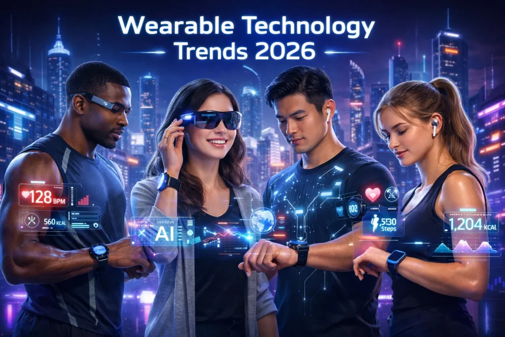 Wearable technology trends 2026 showing smartwatches AR glasses and AI-powered smart clothing in a futuristic setting