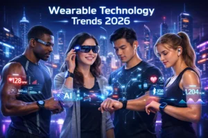 Wearable technology trends 2026 showing smartwatches AR glasses and AI-powered smart clothing in a futuristic setting
